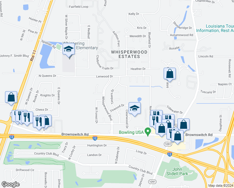 map of restaurants, bars, coffee shops, grocery stores, and more near 115 Maple Circle in Slidell