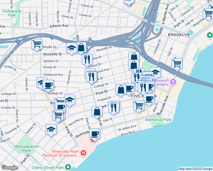map of restaurants, bars, coffee shops, grocery stores, and more near 2254 College Street in Jacksonville