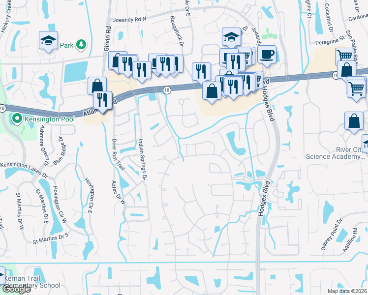 map of restaurants, bars, coffee shops, grocery stores, and more near 2030 Bent Pine Court in Jacksonville