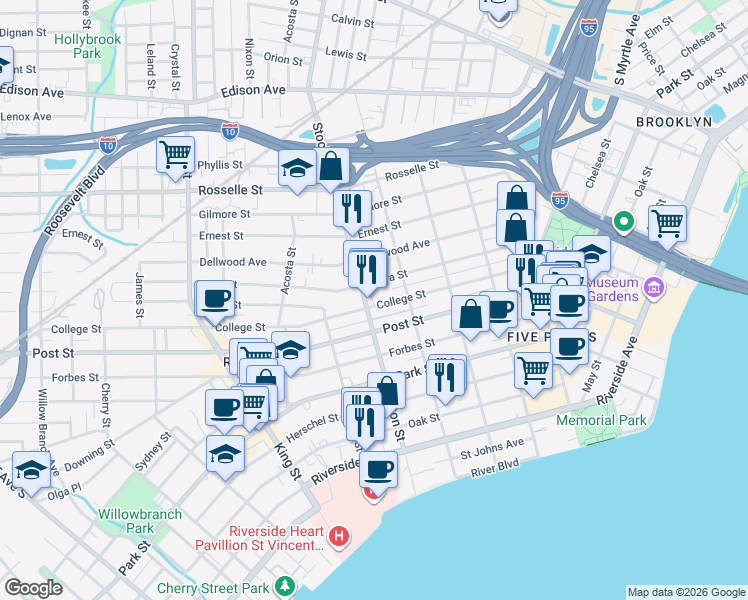 map of restaurants, bars, coffee shops, grocery stores, and more near 2342 College Street in Jacksonville