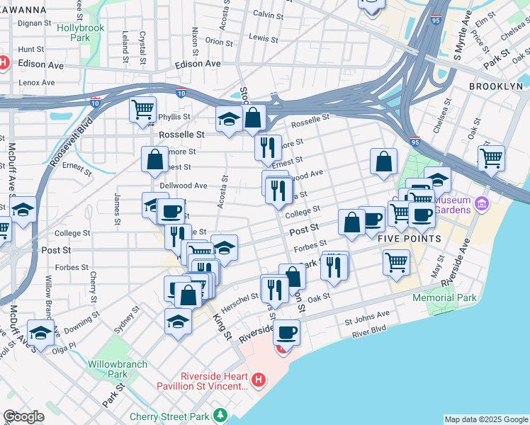 map of restaurants, bars, coffee shops, grocery stores, and more near 2523 College Street in Jacksonville