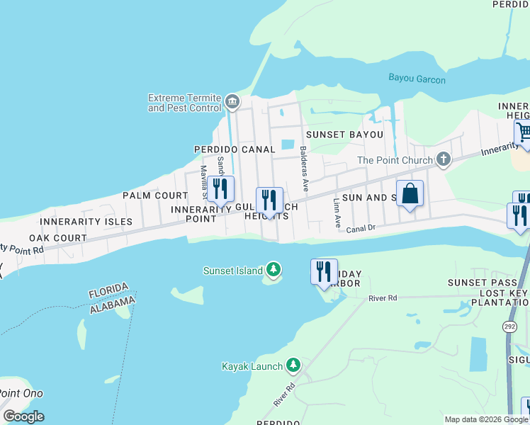 map of restaurants, bars, coffee shops, grocery stores, and more near 5800 Cruzat Way in Pensacola