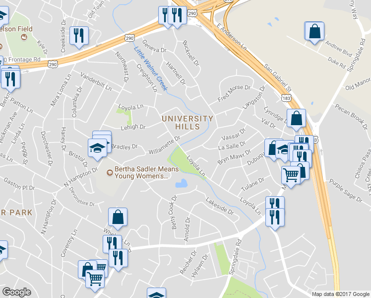 map of restaurants, bars, coffee shops, grocery stores, and more near 6700 Langston Drive in Austin