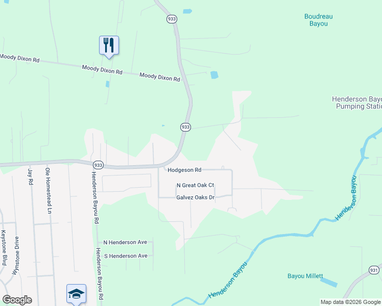 map of restaurants, bars, coffee shops, grocery stores, and more near 43434 Hodgeson Road in Prairieville