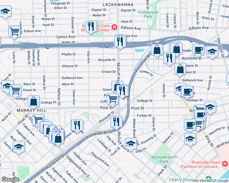 map of restaurants, bars, coffee shops, grocery stores, and more near 3033 Plum Street in Jacksonville
