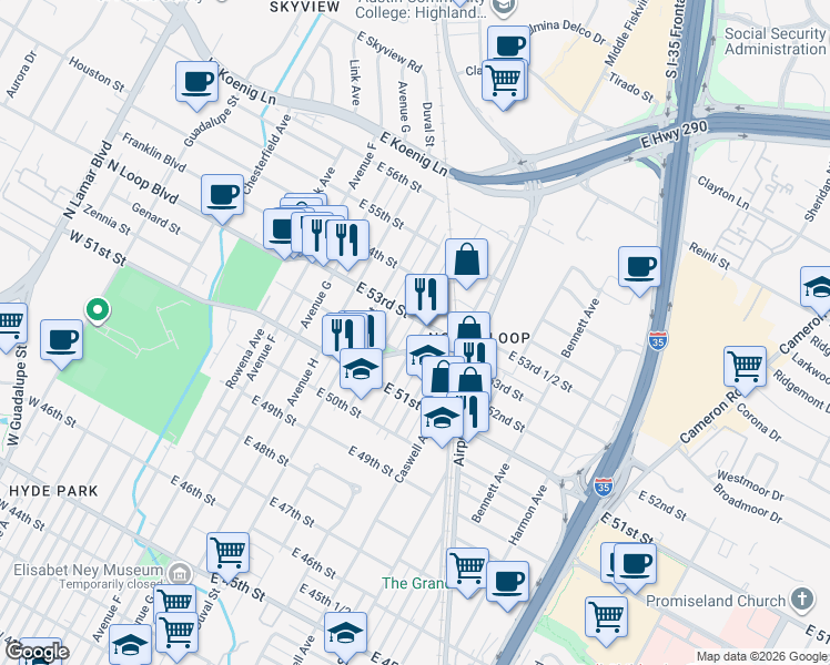map of restaurants, bars, coffee shops, grocery stores, and more near 5204 Martin Avenue in Austin
