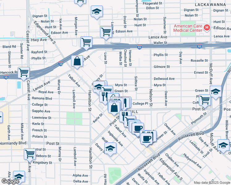 map of restaurants, bars, coffee shops, grocery stores, and more near 4030 Green Street in Jacksonville