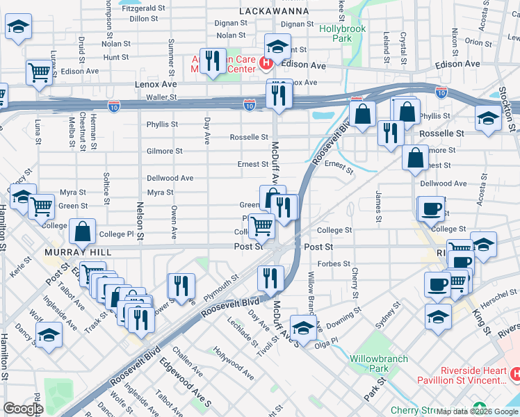 map of restaurants, bars, coffee shops, grocery stores, and more near 3033 Plum Street in Jacksonville
