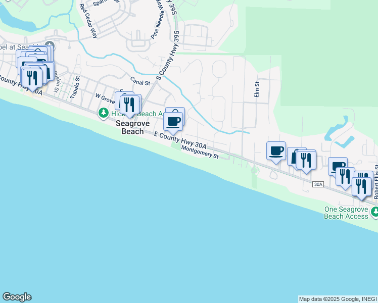 map of restaurants, bars, coffee shops, grocery stores, and more near 104 Montgomery Street in Santa Rosa Beach