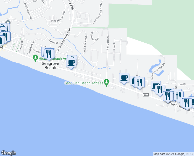 map of restaurants, bars, coffee shops, grocery stores, and more near 3210 East Co Highway 30A in Santa Rosa Beach