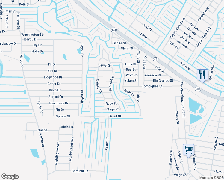 map of restaurants, bars, coffee shops, grocery stores, and more near 10127 Zimple Street in Bay St. Louis