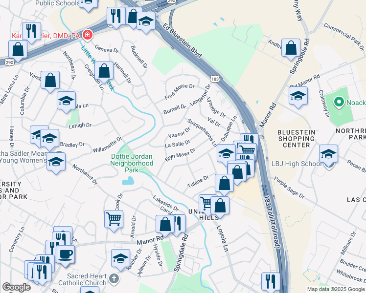 map of restaurants, bars, coffee shops, grocery stores, and more near 6812 Bryn Mawr Drive in Austin
