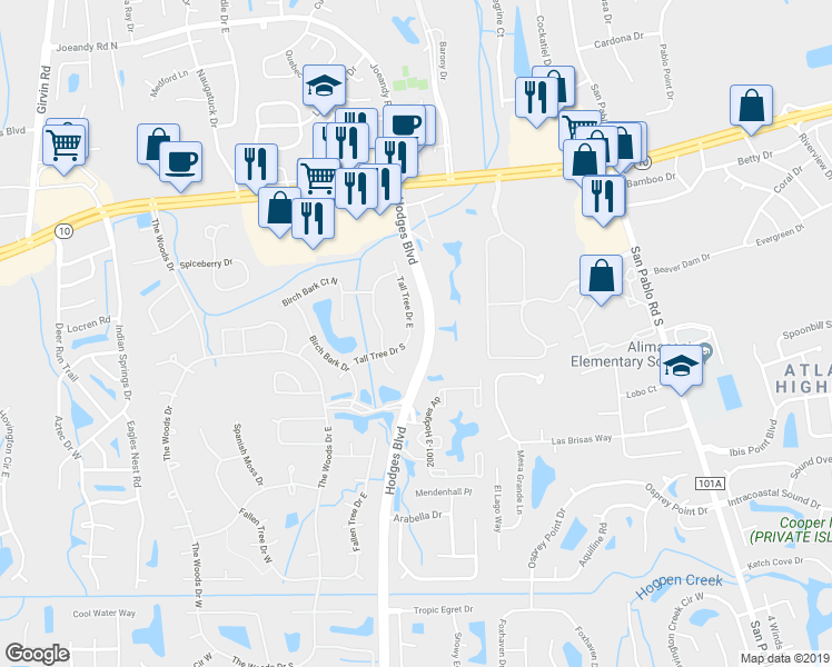 map of restaurants, bars, coffee shops, grocery stores, and more near 1793 Tall Tree Drive East in Jacksonville