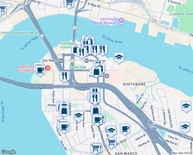 map of restaurants, bars, coffee shops, grocery stores, and more near 1451 Louisa Street in Jacksonville