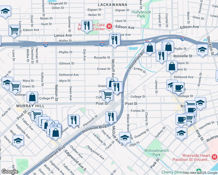 map of restaurants, bars, coffee shops, grocery stores, and more near 3033 Plum Street in Jacksonville