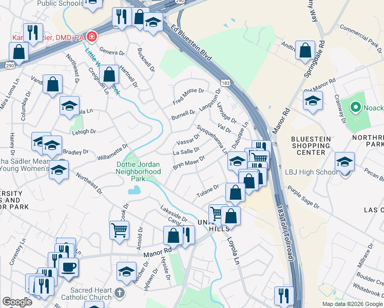 map of restaurants, bars, coffee shops, grocery stores, and more near 6812 Bryn Mawr Drive in Austin