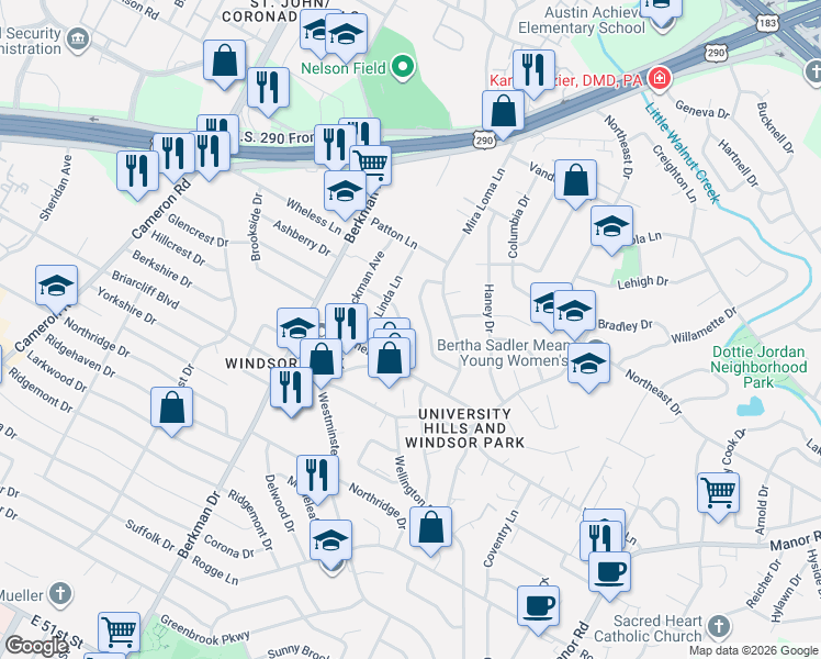 map of restaurants, bars, coffee shops, grocery stores, and more near 6211 Peggy Street in Austin