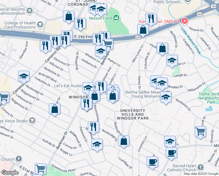 map of restaurants, bars, coffee shops, grocery stores, and more near 6205 Linda Lane in Austin
