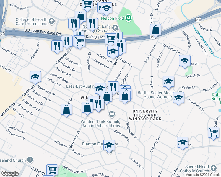 map of restaurants, bars, coffee shops, grocery stores, and more near 1717 1/2 Wheless Lane in Austin