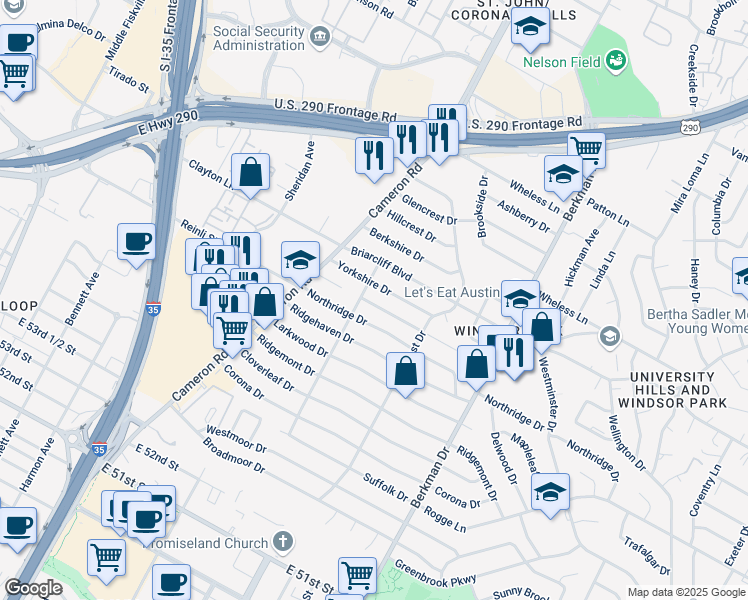 map of restaurants, bars, coffee shops, grocery stores, and more near 1406 Braes Ridge Drive in Austin