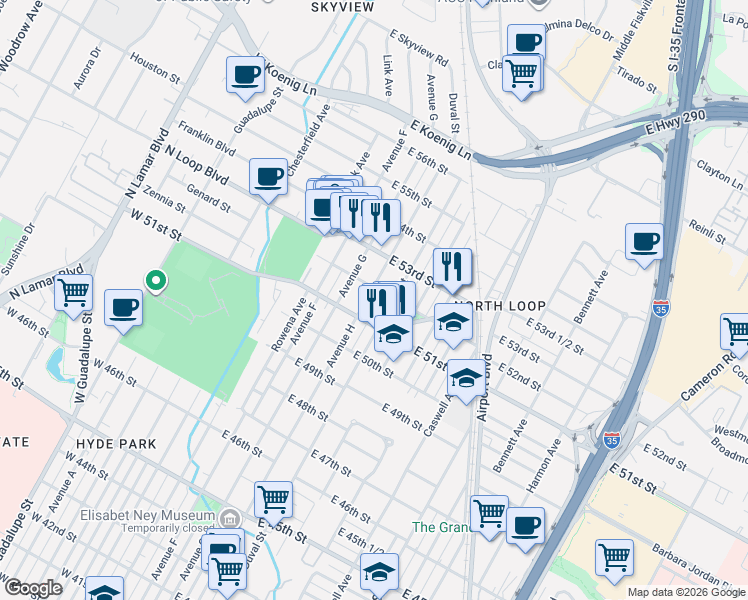 map of restaurants, bars, coffee shops, grocery stores, and more near 5105a Avenue H in Austin