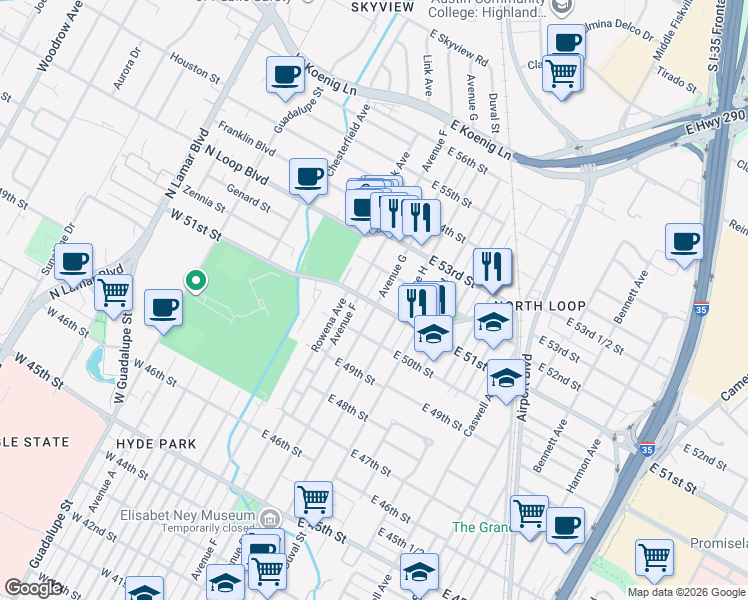 map of restaurants, bars, coffee shops, grocery stores, and more near 5012 Avenue G in Austin