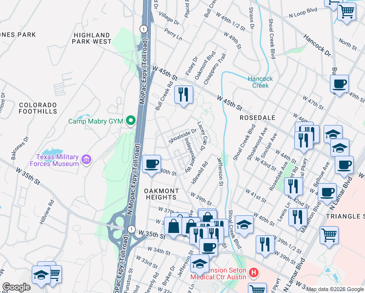 map of restaurants, bars, coffee shops, grocery stores, and more near 4214 Elevator Drive in Austin