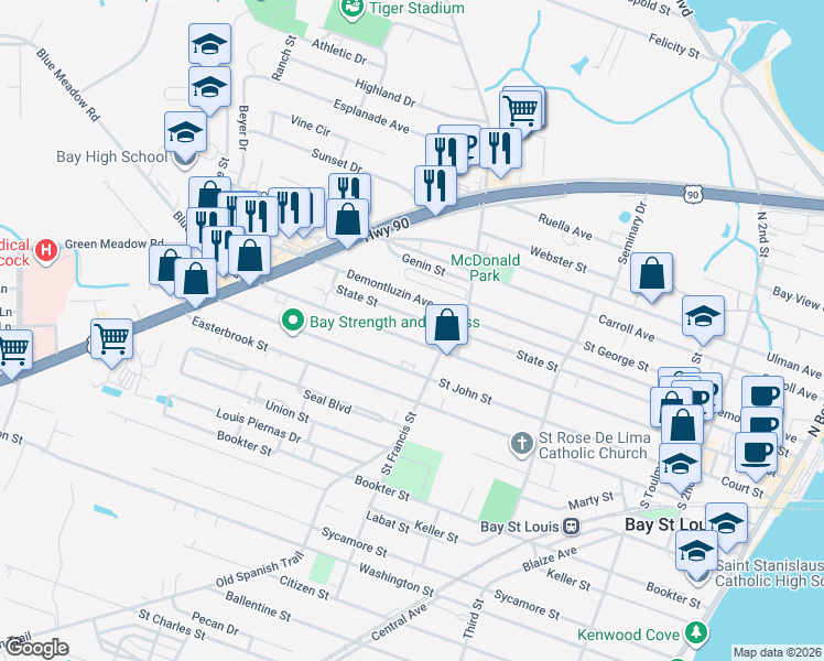 map of restaurants, bars, coffee shops, grocery stores, and more near 505 Main St in Bay St Louis