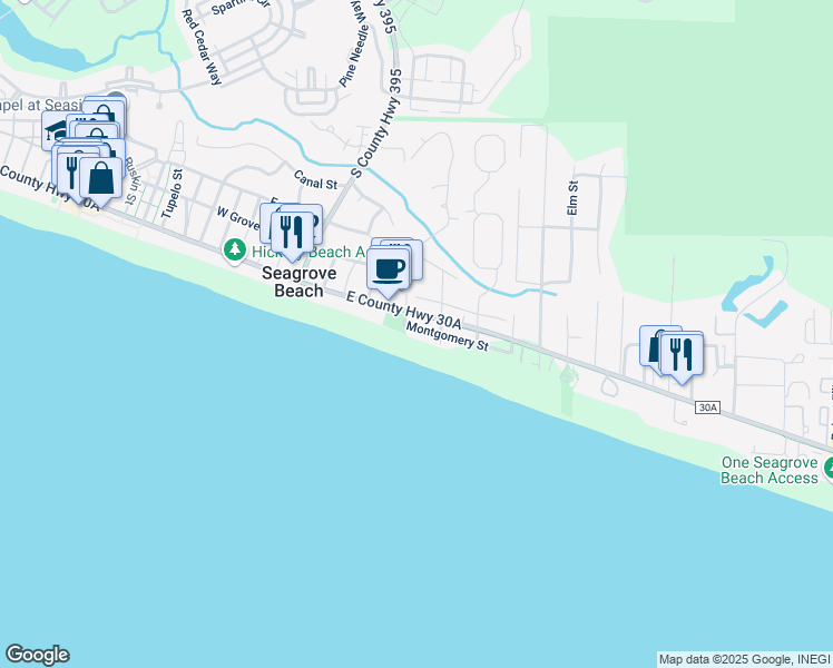 map of restaurants, bars, coffee shops, grocery stores, and more near 42 Montgomery Street in Santa Rosa Beach