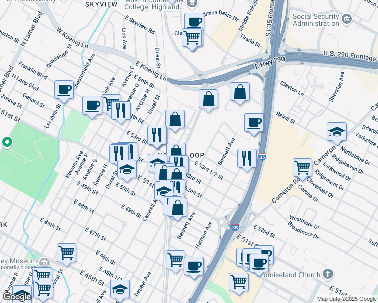 map of restaurants, bars, coffee shops, grocery stores, and more near in Austin