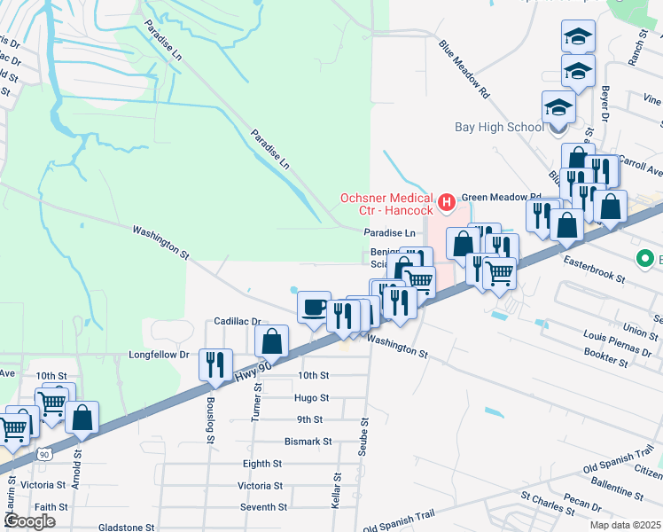 map of restaurants, bars, coffee shops, grocery stores, and more near 2052-2098 Scianna Lane in Bay Saint Louis