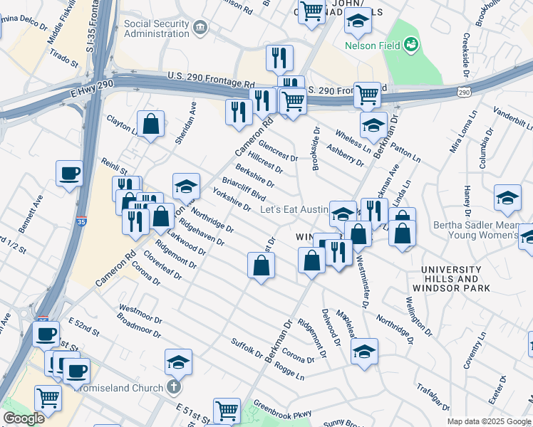map of restaurants, bars, coffee shops, grocery stores, and more near 1416 Yorkshire Drive in Austin