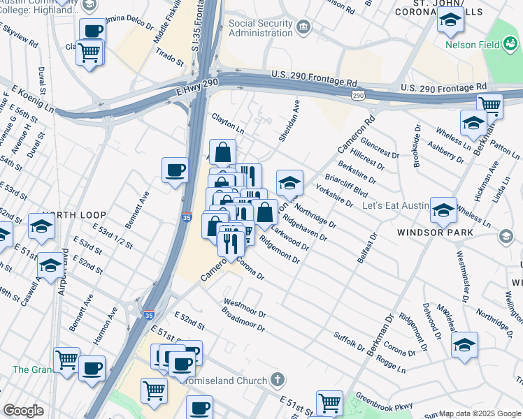 map of restaurants, bars, coffee shops, grocery stores, and more near 5700 Cameron Road in Austin