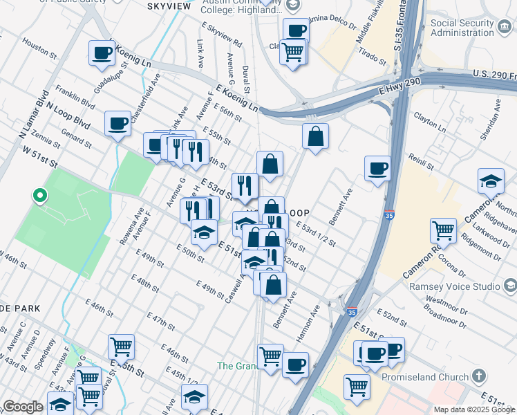map of restaurants, bars, coffee shops, grocery stores, and more near 705 East 53rd Street in Austin