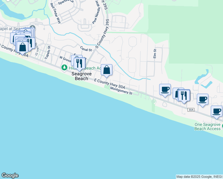 map of restaurants, bars, coffee shops, grocery stores, and more near 42 Montgomery Street in Santa Rosa Beach