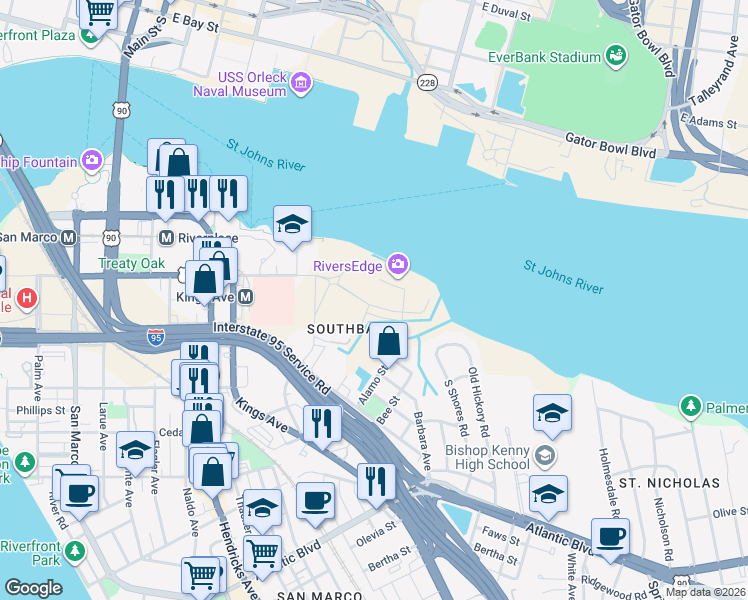 map of restaurants, bars, coffee shops, grocery stores, and more near 801 Broadcast Place in Jacksonville