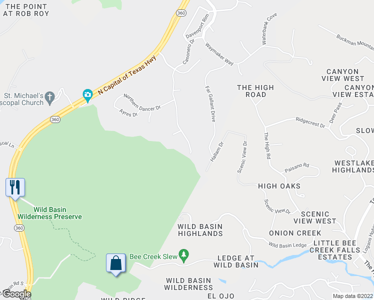map of restaurants, bars, coffee shops, grocery stores, and more near 1722 Canonero Drive in Austin