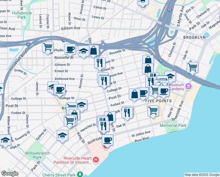 map of restaurants, bars, coffee shops, grocery stores, and more near 2342 College Street in Jacksonville