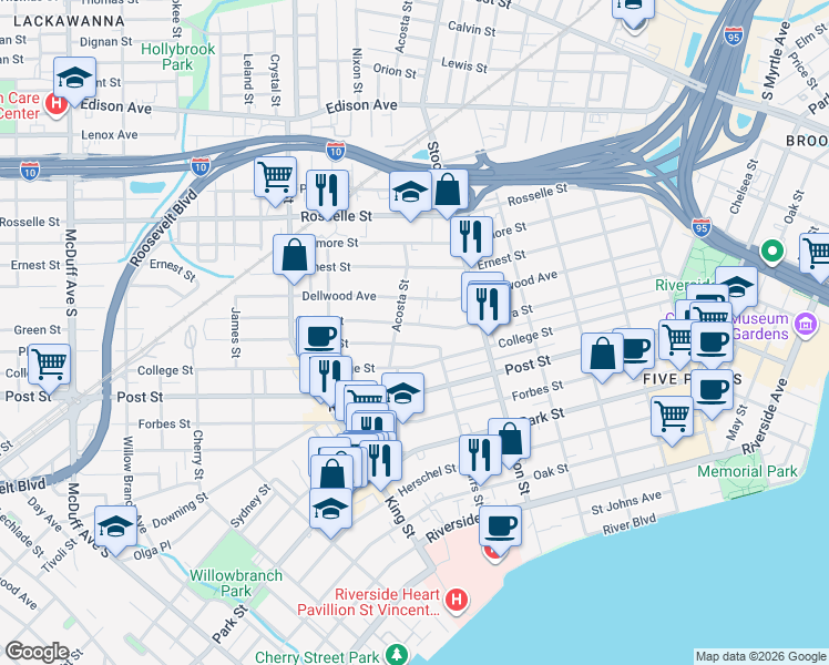 map of restaurants, bars, coffee shops, grocery stores, and more near 2573 Haldumar Terrace in Jacksonville