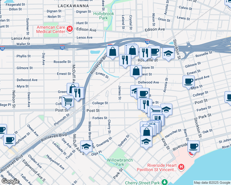 map of restaurants, bars, coffee shops, grocery stores, and more near 828 James Street in Jacksonville