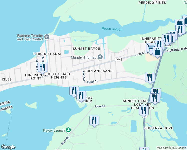 map of restaurants, bars, coffee shops, grocery stores, and more near 5800 Winifred Avenue in Pensacola