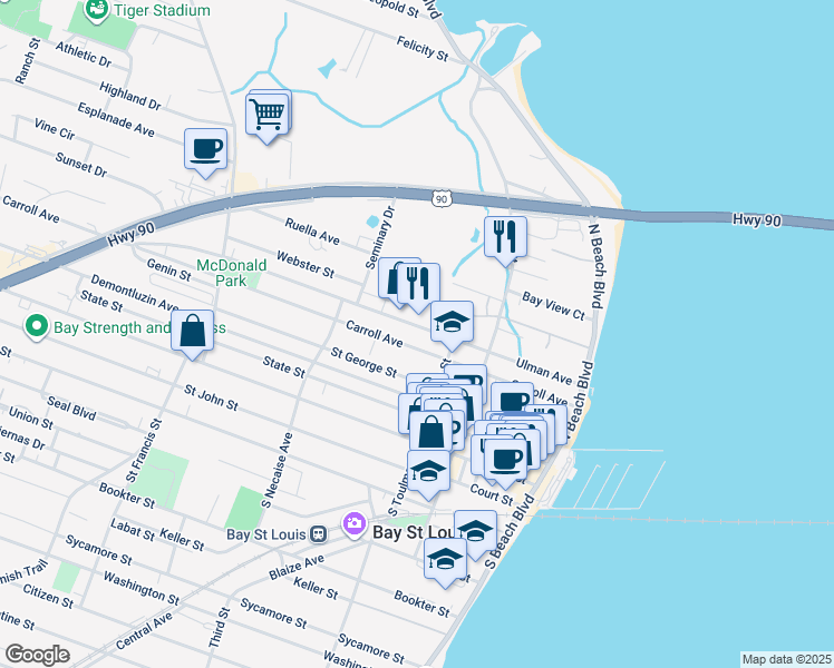 map of restaurants, bars, coffee shops, grocery stores, and more near 307 Carroll Avenue in Bay St. Louis