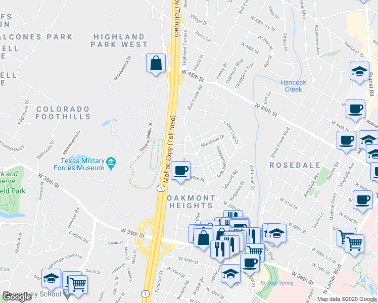 map of restaurants, bars, coffee shops, grocery stores, and more near 1909 West 42nd Street in Austin