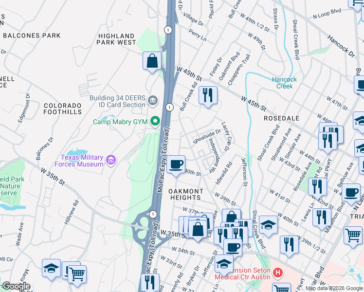 map of restaurants, bars, coffee shops, grocery stores, and more near 1909 West 42nd Street in Austin