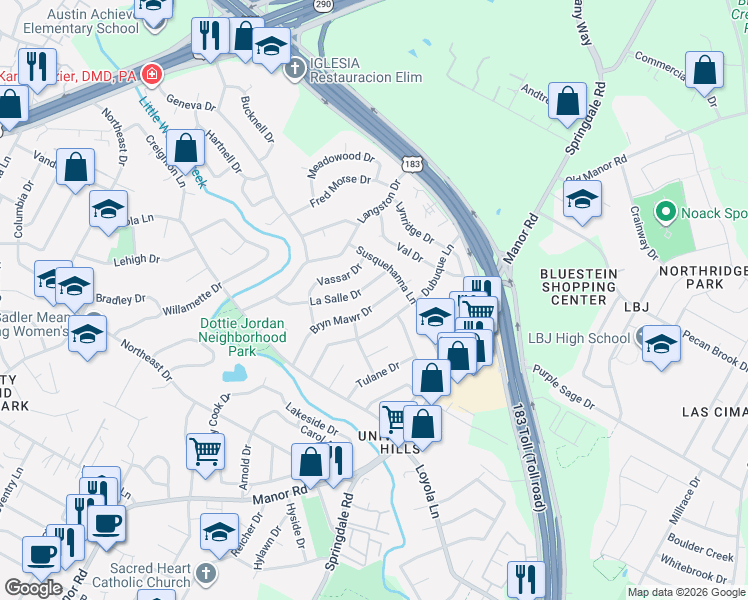 map of restaurants, bars, coffee shops, grocery stores, and more near 6910 Bryn Mawr Drive in Austin