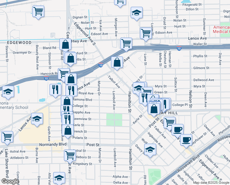 map of restaurants, bars, coffee shops, grocery stores, and more near 4606 Royal Avenue in Jacksonville