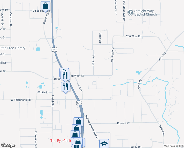 map of restaurants, bars, coffee shops, grocery stores, and more near 401 You Winn Rd in Lake Charles