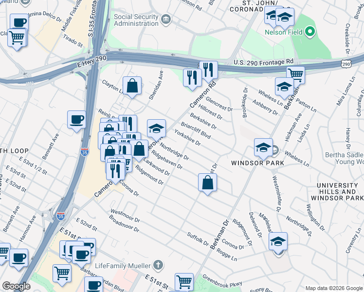 map of restaurants, bars, coffee shops, grocery stores, and more near 1308 Northridge Drive in Austin
