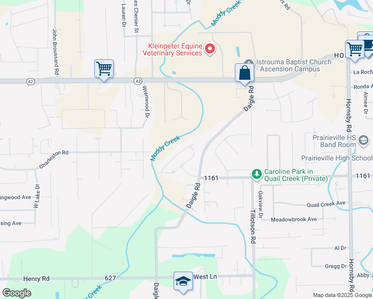 map of restaurants, bars, coffee shops, grocery stores, and more near 17062 Louisiana 930 in Prairieville