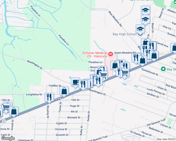 map of restaurants, bars, coffee shops, grocery stores, and more near 2052 Scianna Lane in Bay St. Louis